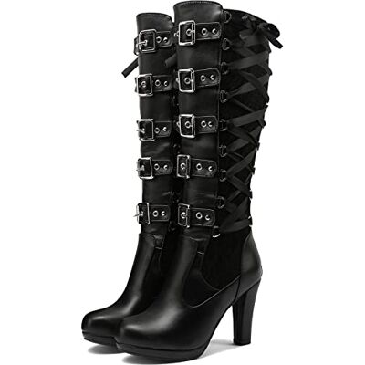 KysBloes Women Lace Goth Knee High Boots Buckle Block Heel Lace Up Knee Length Boots Punk Platform Tall Boot, Black, 6 UK KysBloes Women Lace Goth Knee High Boots Buckle Block Heel Lace Up Knee Length Boots Punk Platform Tall Boot, Black, 6 UK