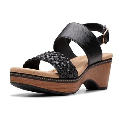 Clarks Women's Seannah Step Wedge Sandal, Black Leather, 9 UK Clarks Women's Seannah Step Wedge Sandal, Black Leather, 9 UK