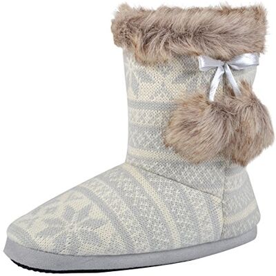 Autumn Faith Ladies Grey Knitted Fairisle Bootie Slippers with Faux Fur Pompoms UK 5 Autumn Faith Ladies Grey Knitted Fairisle Bootie Slippers with Faux Fur Pompoms UK 5