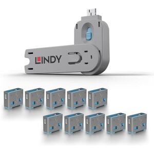 LINDY USB Type A Port Blocker- Pack of 10 Blockers + Key, Blue LINDY USB Type A Port Blocker- Pack of 10 Blockers + Key, Blue