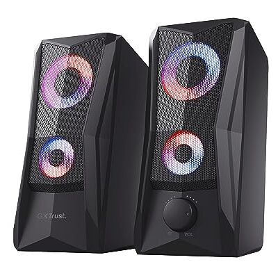 GXTrust Trust Gaming GXT 606B Javv PC Speakers 2.0 with RGB Lights, 12W (6W RMS), 3.5 mm Jack, Metal Grille, USB Powered Gamer Sound System, Compact Stereo Computer Speakers for Desktop/Laptop Black GXTrust Trust Gaming GXT 606B Javv PC Speakers 2.0 with RGB Lights, 12W (6W RMS), 3.5 mm Jack, Metal Grille, USB Powered Gamer Sound System, Compact Stereo Computer Speakers for Desktop/Laptop Black