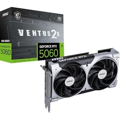 MSI GeForce RTX 5060 8G VENTUS 2X OC Graphics Card RTX 5060 GPU, 8GB GDDR7 (28Gbps/128-bit), PCIe 5.0 DUAL-Fan Thermal Design (2 x TORX FAN 5.0) HDMI 2.1b, DisplayPort 2.1b MSI GeForce RTX 5060 8G VENTUS 2X OC Graphics Card RTX 5060 GPU, 8GB GDDR7 (28Gbps/128-bit), PCIe 5.0 DUAL-Fan Thermal Design (2 x TORX FAN 5.0) HDMI 2.1b, DisplayPort 2.1b