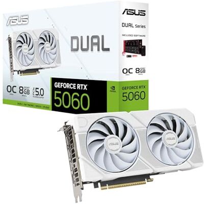 Asus Dual GeForce RTX 5060 8GB GDDR7 White OC Edition (PCIe 5.0, 8GB GDDR7, DLSS 4, HDMI 2.1b, DisplayPort 2.1b, 2.5-slot design, Axial-tech fan design, 0dB technology) White Asus Dual GeForce RTX 5060 8GB GDDR7 White OC Edition (PCIe 5.0, 8GB GDDR7, DLSS 4, HDMI 2.1b, DisplayPort 2.1b, 2.5-slot design, Axial-tech fan design, 0dB technology) White
