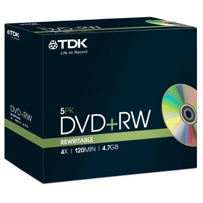 TDK T18444 4.7GB 4x Speed 120min DVD+RW Disc in Jewel Case (Pack of 5) TDK T18444 4.7GB 4x Speed 120min DVD+RW Disc in Jewel Case (Pack of 5)