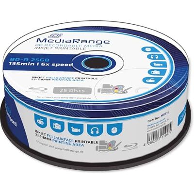 MEDIARANGE BD-R 25GB 6x Write Speed, Full Surface Printable, Cake Box of 25 MEDIARANGE BD-R 25GB 6x Write Speed, Full Surface Printable, Cake Box of 25