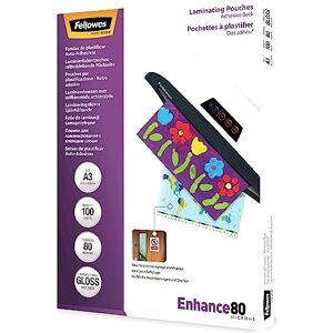 Fellowes A3 Laminating Pouches Gloss Finish 100 Sheets, 160 Micron (2x80) Clear & Durable Laminating Pouch with Adhesive Backing Can be Easily Displayed on Walls or Desktops Fellowes A3 Laminating Pouches Gloss Finish 100 Sheets, 160 Micron (2x80) Clear & Durable Laminating Pouch with Adhesive Backing Can be Easily Displayed on Walls or Desktops