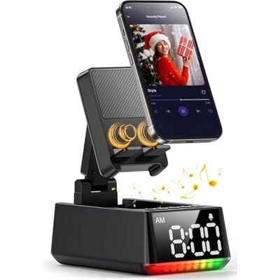 BBL Gifts for Men Women, Foldable Phone Stand with Bluetooth Speaker&Clock Built-In Wireless Induction Speaker Stand, Birthday Gifts for Men, Induction Speaker for Mobile Phone, Tech Gadgets for Dad BBL Gifts for Men Women, Foldable Phone Stand with Bluetooth Speaker&Clock Built-In Wireless Induction Speaker Stand, Birthday Gifts for Men, Induction Speaker for Mobile Phone, Tech Gadgets for Dad
