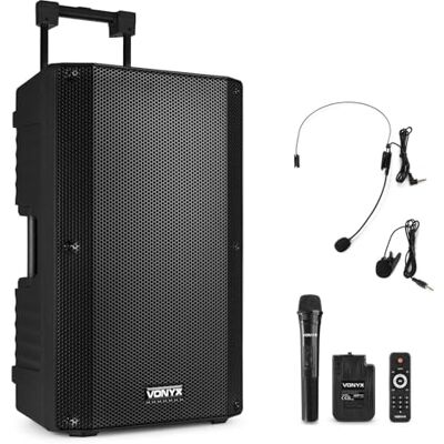 VONYX VSA700-BP 15" Portable PA Active Speaker System, Big Bluetooth Speaker with Battery, Wireless Handheld and Headset Bodypack Microphones, Powered PA, Rechargeable Battery 1000W VONYX VSA700-BP 15" Portable PA Active Speaker System, Big Bluetooth Speaker with Battery, Wireless Handheld and Headset Bodypack Microphones, Powered PA, Rechargeable Battery 1000W
