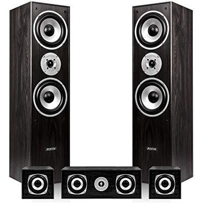 Fenton 5.0 Black Surround Sound Speakers Set, 1150W, Home Cinema System Central, front & rear speakers, wooden floor tower passive satellites, easy install Fenton 5.0 Black Surround Sound Speakers Set, 1150W, Home Cinema System Central, front & rear speakers, wooden floor tower passive satellites, easy install