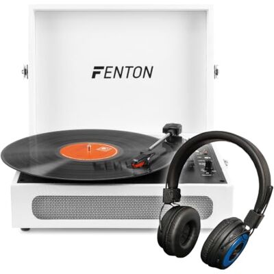 Fenton RP118F White Briefcase Record Player with Wireless Bluetooth Headphones, Built-in Stereo Speakers, USB Vinyl to MP3 Encoding, Bluetooth Transmitter & Receiver, 3-Speed Vinyl Player Set Fenton RP118F White Briefcase Record Player with Wireless Bluetooth Headphones, Built-in Stereo Speakers, USB Vinyl to MP3 Encoding, Bluetooth Transmitter & Receiver, 3-Speed Vinyl Player Set