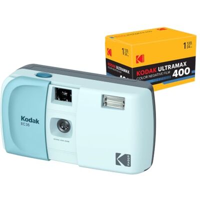 Kodak EC35 35mm Film Camera 35mm, Reusable, Focus-Free, Built-in Flash, Slide Cover, Beginner Friendly (Powder Blue) Bundle with Ultramax 400/24EXP 35mm Roll Film Kodak EC35 35mm Film Camera 35mm, Reusable, Focus-Free, Built-in Flash, Slide Cover, Beginner Friendly (Powder Blue) Bundle with Ultramax 400/24EXP 35mm Roll Film
