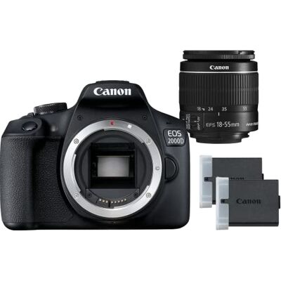 Canon EOS 2000D DSLR + EF-S 18-55mm Zoom Lens + Battery Easy-to-use DSLR for beginners; 24.1 megapixel CMOS sensor, 9-point autofocus, includes EF-S 18-55mm lens Canon EOS 2000D DSLR + EF-S 18-55mm Zoom Lens + Battery Easy-to-use DSLR for beginners; 24.1 megapixel CMOS sensor, 9-point autofocus, includes EF-S 18-55mm lens