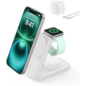 Belkin UltraCharge Magnetic Wireless Charger 25W, 3-in-1 Qi2.2 Certified MagSafe Compatible Fast Charger, Charging Station for iPhone 17, Air, Apple Watch, AirPods, Pixelsnap with 45W Adapter White Belkin UltraCharge Magnetic Wireless Charger 25W, 3-in-1 Qi2.2 Certified MagSafe Compatible Fast Charger, Charging Station for iPhone 17, Air, Apple Watch, AirPods, Pixelsnap with 45W Adapter White