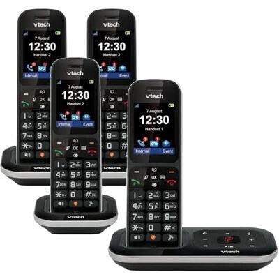 VTech PS1350 Quad DECT Cordless Landline Phone with Answer Machine, Call Blocker, 2.4" Colour Display, Caller ID, Handsfree Speakerphone, 60-Minute Digital Answering Machine, Black VTech PS1350 Quad DECT Cordless Landline Phone with Answer Machine, Call Blocker, 2.4" Colour Display, Caller ID, Handsfree Speakerphone, 60-Minute Digital Answering Machine, Black