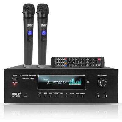 Pyle Wireless BT Streaming Home Theater Receiver 5.2-Ch Surround Sound Stereo Amplifier System w/ 4K Ultra HD Support, MP3/USB/AM/FM Radio (1000 Watt MAX), w/ 2CH UHF Wireless Microphone Pyle Wireless BT Streaming Home Theater Receiver 5.2-Ch Surround Sound Stereo Amplifier System w/ 4K Ultra HD Support, MP3/USB/AM/FM Radio (1000 Watt MAX), w/ 2CH UHF Wireless Microphone