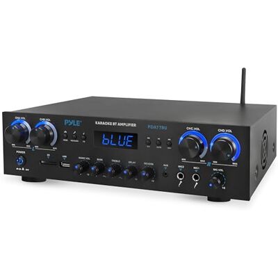 Pyle Bluetooth Stereo Amplifier – Wireless 800W 4-Channel Audio Receiver with Mic Inputs for Home, Studio, Karaoke or Theatre, USB, SD, AUX, RCA, FM, LED Display, Reverb & Delay Effects Pyle Bluetooth Stereo Amplifier – Wireless 800W 4-Channel Audio Receiver with Mic Inputs for Home, Studio, Karaoke or Theatre, USB, SD, AUX, RCA, FM, LED Display, Reverb & Delay Effects
