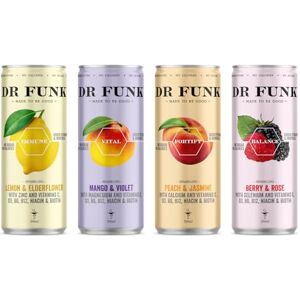 Dr Funk Dr. Funk Mixed Pack - Assorted Pack of Lemon & Elderflower, Mango & Violet, Peach & Jasmine, Berry & Rose Flavours, Sparkling Flavoured Water with No Sugar & No Calories,Pack of 4 Cans