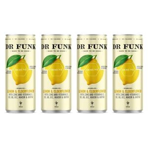Dr Funk Dr. Funk Lemon & Elderflower Sparkling Flavoured Water with NO Sugar & NO Calories with 6 added Vitamins and 1 Essential Mineral, Pack of 4 Cans x 330ml