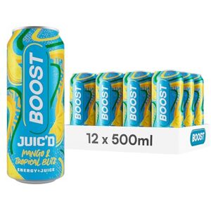Boost Juic'd Energy Drink Mango & Tropical Juice Blitz 12 Multipack Carbonated Soft Drinks with Real Fruit, High Caffeine, Taurine and Vitamin B Fizzy Energy Drink Multipack 12x500ml Boost Juic'd Energy Drink Mango & Tropical Juice Blitz 12 Multipack Carbonated Soft Drinks with Real Fruit, High Caffeine, Taurine and Vitamin B Fizzy Energy Drink Multipack 12x500ml