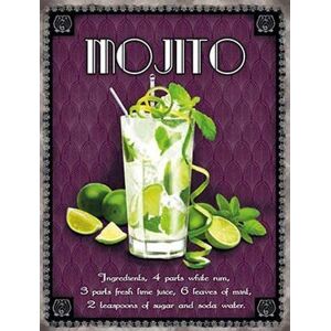 RKO Mojito classic cocktail. Drink, glass, recipe. Limes, rum, mint, sugar and soda water. Fridge Magnet