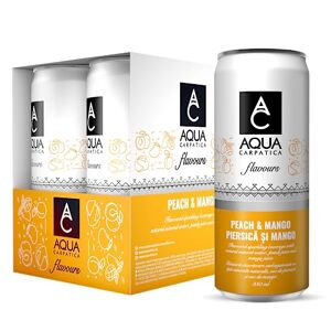 AQUA Carpatica Sparkling Flavours Mango & Peach 330ml x 4 - Natural Fruit Juice Infused Sparkling Water, No Added Sugar, Naturally Alkaline, Sweetened with Agave Syrup, Rich in Minerals