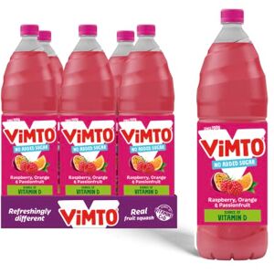 Vimto Fruit Squash – No Added Sugar – Raspberry, Orange & Passionfruit – Vitamin D – 6 x 1.5L Bottles – Vegetarian – Low Calorie Cordial Vimto Fruit Squash – No Added Sugar – Raspberry, Orange & Passionfruit – Vitamin D – 6 x 1.5L Bottles – Vegetarian – Low Calorie Cordial