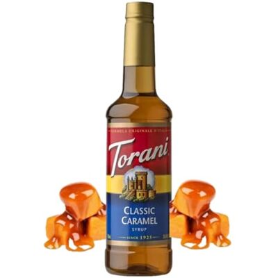 Torani Coffee Syrup, Classic Caramel Flavour, 750ml Cane Sugar Drink Flavouring for Lattes, Iced Coffee & Hot Drinks, Vegetarian Friendly Torani Coffee Syrup, Classic Caramel Flavour, 750ml Cane Sugar Drink Flavouring for Lattes, Iced Coffee & Hot Drinks, Vegetarian Friendly
