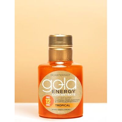 Quarterpast Gold Energy Drink Concentrate. All-Natural Caffeine Kick, Just Add Water. Quick Easy Alternative to Traditional Energy Drinks. One Bottle Makes 12 Drinks. Vegan Friendly. (360ml, Tropical) Quarterpast Gold Energy Drink Concentrate. All-Natural Caffeine Kick, Just Add Water. Quick Easy Alternative to Traditional Energy Drinks. One Bottle Makes 12 Drinks. Vegan Friendly. (360ml, Tropical)