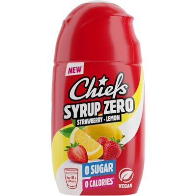 Chiefs Syrup, Zero Calorie Syrup with Real Fruit Extracts, Strawberry Lemon, 65ml More than 8l Softdrink Zero Added Sugars Chiefs Syrup, Zero Calorie Syrup with Real Fruit Extracts, Strawberry Lemon, 65ml More than 8l Softdrink Zero Added Sugars