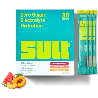 SULT Hydrate Electrolyte Sachets Variety Pack Zero Sugar 6 Electrolytes 500mg Sodium Coconut Water 30 Sachets Watermelon Berry, Peach Citrus & Mango Tropical Made in UK SULT Hydrate Electrolyte Sachets Variety Pack Zero Sugar 6 Electrolytes 500mg Sodium Coconut Water 30 Sachets Watermelon Berry, Peach Citrus & Mango Tropical Made in UK