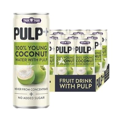 Starry Mart Tiger Tiger PULP+ 100% Young Coconut Water with Real Coconut Pulp, No Added Sugar, Never from Concentrate, 320ml, 12 Cans Starry Mart Tiger Tiger PULP+ 100% Young Coconut Water with Real Coconut Pulp, No Added Sugar, Never from Concentrate, 320ml, 12 Cans