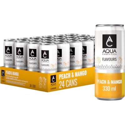 Aqua Carpatica Flavoured Sparkling Water Mango & Peach, Can, 24 x 330ml Natural Mineral water, Rich in Minerals, refreshing taste with natural Fruit flavours & Agave syrup, Gluten Free, Vegan Aqua Carpatica Flavoured Sparkling Water Mango & Peach, Can, 24 x 330ml Natural Mineral water, Rich in Minerals, refreshing taste with natural Fruit flavours & Agave syrup, Gluten Free, Vegan
