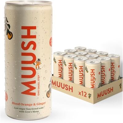 MUUSH Sparkling Drink Blood Orange & Ginger with Lion’s Mane Brain Boost, Gut Health, Natural Energy Low Sugar, Vegan Functional Beverage with Naturally Sweetened Low Calorie 12 cans x 250ml MUUSH Sparkling Drink Blood Orange & Ginger with Lion’s Mane Brain Boost, Gut Health, Natural Energy Low Sugar, Vegan Functional Beverage with Naturally Sweetened Low Calorie 12 cans x 250ml