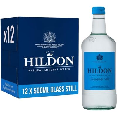 Hildon Natural Mineral Water 12 x 500ml Glass bottles Delightfully Still Sourced from a natural aquifer nestled on our Chalk Valley estate Low Sodium, Naturally Alkaline, Kings Royal Warrant Hildon Natural Mineral Water 12 x 500ml Glass bottles Delightfully Still Sourced from a natural aquifer nestled on our Chalk Valley estate Low Sodium, Naturally Alkaline, Kings Royal Warrant