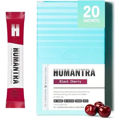 HUMANTRA Electrolytes Powder Black Cherry Flavor, 20ct Powdered Hydration Sachets Plant-Based Electrolyte Powder with 6 Electrolytes Vegan, Sugar Free, Gluten Free HUMANTRA Electrolytes Powder Black Cherry Flavor, 20ct Powdered Hydration Sachets Plant-Based Electrolyte Powder with 6 Electrolytes Vegan, Sugar Free, Gluten Free