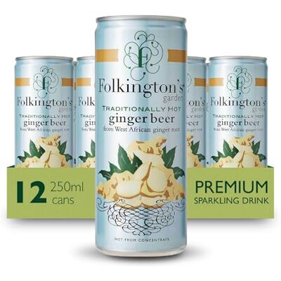 Folkington's Ginger Beer, 12 Cans, Sparkling Soft Drink, Traditionally Hot, Great Gin Mixer, 12 x 250 ml Traditionally hot recipe provides a fiery kick, serving as a versatile mixer for gin and cocktails in commercial bars. Folkington's Ginger Beer, 12 Cans, Sparkling Soft Drink, Traditionally Hot, Great Gin Mixer, 12 x 250 ml Traditionally hot recipe provides a fiery kick, serving as a versatile mixer for gin and cocktails in commercial bars.