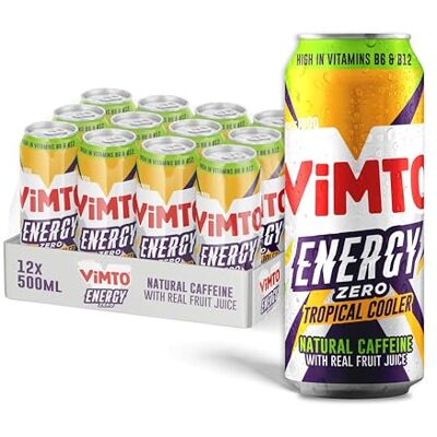 Vimto Tropical Twist Energy Drink 500ml Cans (12 Pack) – No Added Sugar, Real Fruit Juice, Natural Caffeine & B Vitamins – Fruity Prime Energy Boost, Sparkling Drink Vimto Tropical Twist Energy Drink 500ml Cans (12 Pack) – No Added Sugar, Real Fruit Juice, Natural Caffeine & B Vitamins – Fruity Prime Energy Boost, Sparkling Drink
