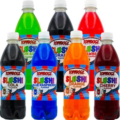 Toppdogz Slush Syrup 7 x 500ml Blue Raspberry, Strawberry, Orange, Lemon & Lime, Cola, Cherry & Grape Home Slushie Syrup Toppdogz Slush Syrup 7 x 500ml Blue Raspberry, Strawberry, Orange, Lemon & Lime, Cola, Cherry & Grape Home Slushie Syrup