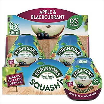 Robinsons SQUASH'D, 0 Percent Sugar, Real Fruit Squash, Low Calorie, Apple & Blackcurrant, Makes 20 Drinks Per Pack, 6 x 66 ml Packs Robinsons SQUASH'D, 0 Percent Sugar, Real Fruit Squash, Low Calorie, Apple & Blackcurrant, Makes 20 Drinks Per Pack, 6 x 66 ml Packs