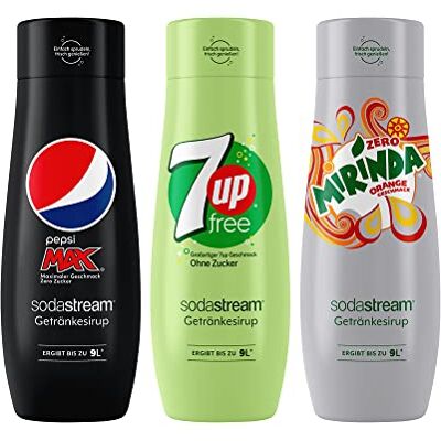 sodastream Pepsi Max Syrup Bundle, 7Up Free and Mirinda Zero, 3 x 440 ml Drinks Syrup for up to 9 Litres of Ready Drink sodastream Pepsi Max Syrup Bundle, 7Up Free and Mirinda Zero, 3 x 440 ml Drinks Syrup for up to 9 Litres of Ready Drink