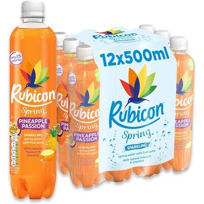 Rubicon Spring Pineapple Passion Flavoured Water, 12 Pack, 500ml Bottles Sparkling spring water infused with real pineapple and passion fruit juice, low calorie. Rubicon Spring Pineapple Passion Flavoured Water, 12 Pack, 500ml Bottles Sparkling spring water infused with real pineapple and passion fruit juice, low calorie.