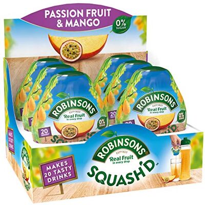 Robinsons SQUASH'D, No Added Sugar, Real Fruit, Passion Fruit & Mango, Makes 20 Drinks Per Pack, 6 Packs Robinsons SQUASH'D, No Added Sugar, Real Fruit, Passion Fruit & Mango, Makes 20 Drinks Per Pack, 6 Packs