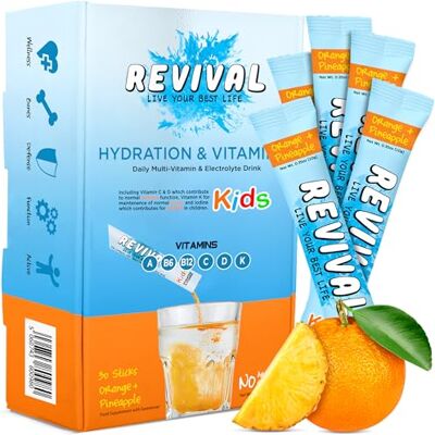 Revival Shots Revival Kids Hydration Squash Drink Electrolytes & Vitamins A C D K B12 Plant Based High Strenght Hydration Electrolytes Sachets Drink with Steel Water Bottle Orange, 30 Pack Revival Shots Revival Kids Hydration Squash Drink Electrolytes & Vitamins A C D K B12 Plant Based High Strenght Hydration Electrolytes Sachets Drink with Steel Water Bottle Orange, 30 Pack
