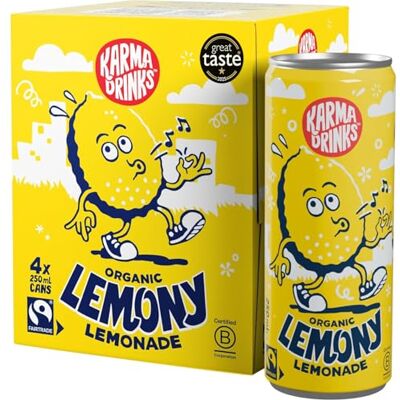 KARMA DRINKS Lemony Lemonade Flavoured Fizzy Soft Drink, 4 x 250ml Cans Organic, Fairtrade, Natural Ingredients, Real Lemon Juice, Vegan, Gluten Free, B-Corp Brand, 4 Can Multipack KARMA DRINKS Lemony Lemonade Flavoured Fizzy Soft Drink, 4 x 250ml Cans Organic, Fairtrade, Natural Ingredients, Real Lemon Juice, Vegan, Gluten Free, B-Corp Brand, 4 Can Multipack
