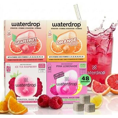 waterdrop MICRODRINK waterdrop® Microdrink Lemonade Set 48 Water Flavouring Hydration Tablets, Flavoured Water Cubes in Orange, Ice Tea Raspberry, Grapefruit & Pink Lemonade Flavours, with Vitamin C, Vegan, Sugar Free waterdrop MICRODRINK waterdrop® Microdrink Lemonade Set 48 Water Flavouring Hydration Tablets, Flavoured Water Cubes in Orange, Ice Tea Raspberry, Grapefruit & Pink Lemonade Flavours, with Vitamin C, Vegan, Sugar Free