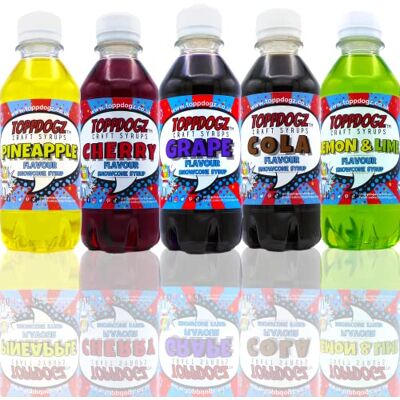 Toppdogz Slush Syrup Snow Cone Syrup 5 x mix Pack Cherry, Cola, Lemon & Lime, Grape and Pineapple flavour Slushie Slushy Snowcone Toppdogz Slush Syrup Snow Cone Syrup 5 x mix Pack Cherry, Cola, Lemon & Lime, Grape and Pineapple flavour Slushie Slushy Snowcone