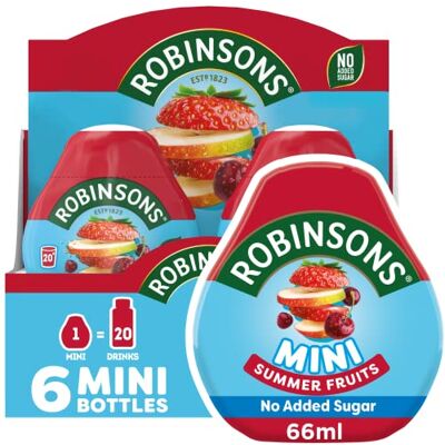 Robinsons Summer Fruits Mini Squash 66ml 6 Pack No added sugar, low calorie. Makes 20 drinks, perfect for travel. Robinsons Summer Fruits Mini Squash 66ml 6 Pack No added sugar, low calorie. Makes 20 drinks, perfect for travel.