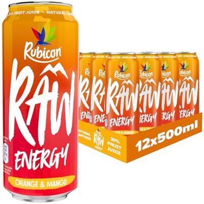 Rubicon Raw Orange Mango Energy Drink, 12 Pack, 500ml Cans Natural caffeine energy drink crafted with 20% real fruit juice in orange mango flavour. Rubicon Raw Orange Mango Energy Drink, 12 Pack, 500ml Cans Natural caffeine energy drink crafted with 20% real fruit juice in orange mango flavour.