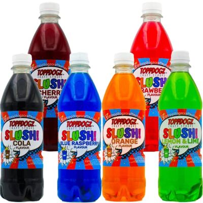 Toppdogz Slush Syrup 6 x 500ml Blue Raspberry, Strawberry, Orange, Lemon & Lime, Cola & Cherry Home Slushie Syrup Toppdogz Slush Syrup 6 x 500ml Blue Raspberry, Strawberry, Orange, Lemon & Lime, Cola & Cherry Home Slushie Syrup