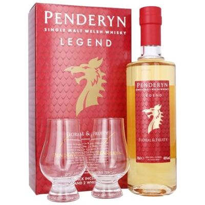 Penderyn Legend, Single Malt Welsh Whisky Gift Pack 40% ABV,70 cl, Gift box with 2 x Branded Nosing Glasses, Presented in Premium Gift Box, Crafted in Wales Penderyn Legend, Single Malt Welsh Whisky Gift Pack 40% ABV,70 cl, Gift box with 2 x Branded Nosing Glasses, Presented in Premium Gift Box, Crafted in Wales